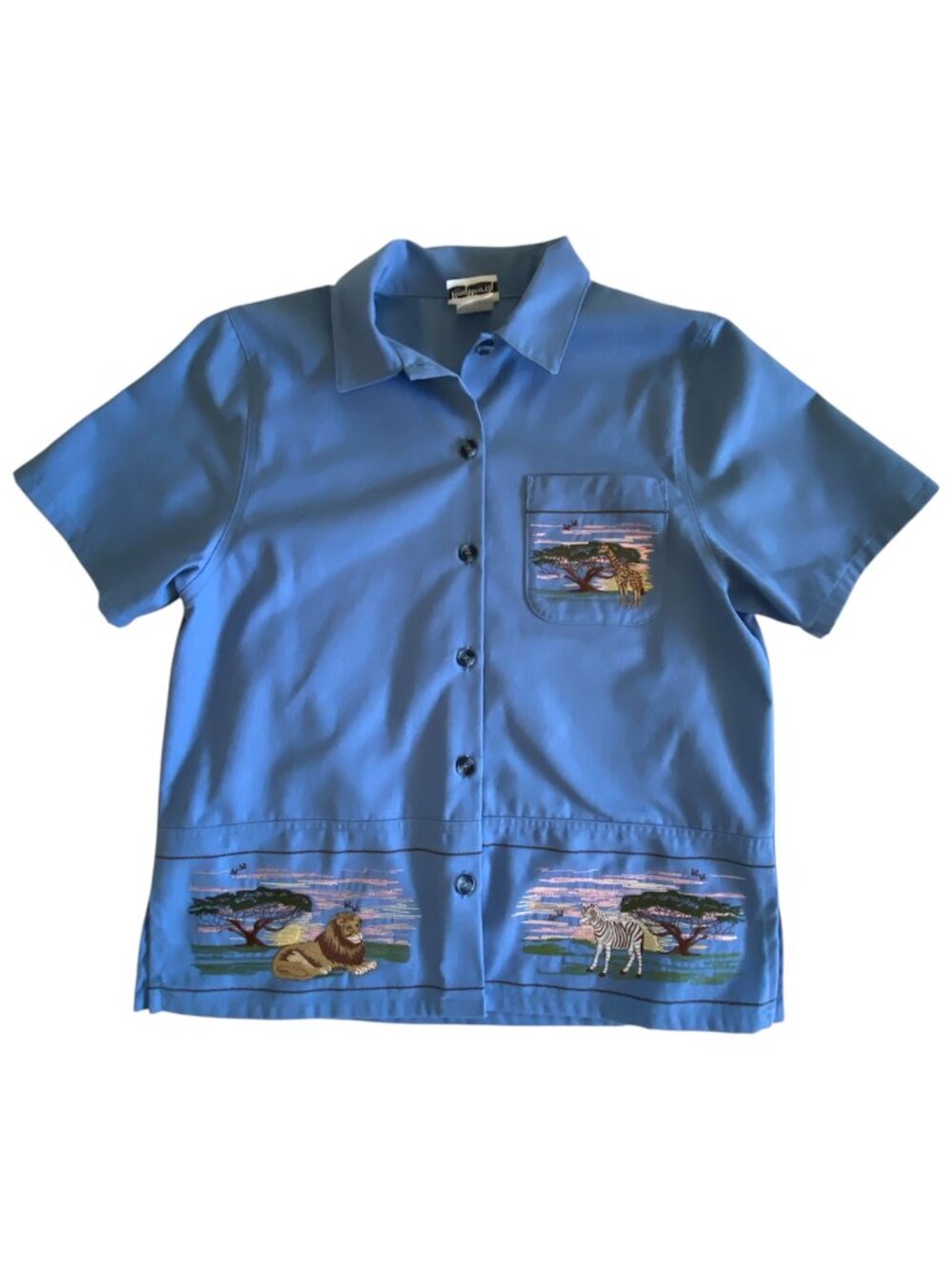 BonWorth Vintage Safari Embroidered Button Up Blouse Blue Cotton Blend Women's S